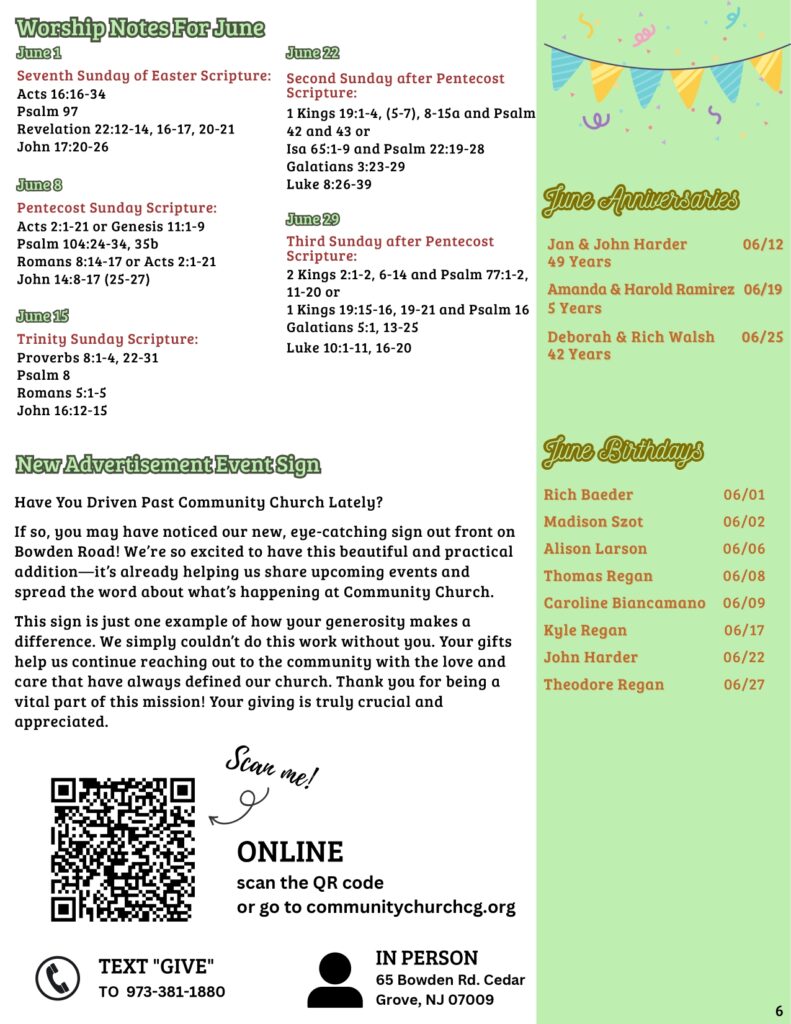 Community Church of Cedar Grove Newsletter June 2025