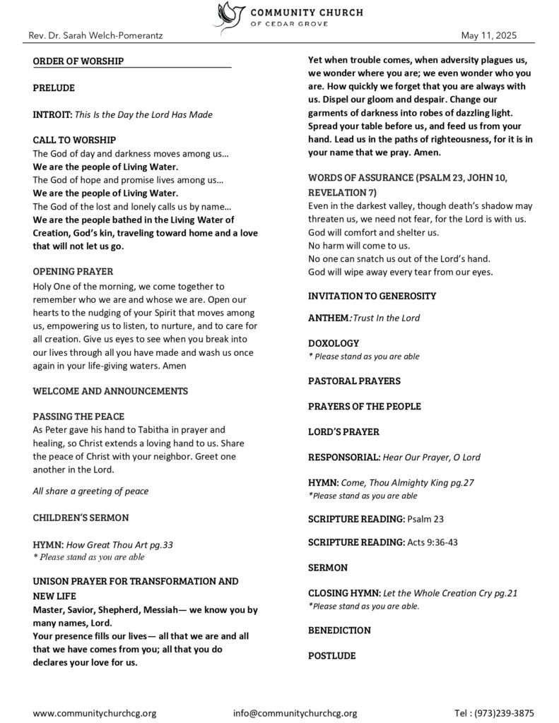 Community Church of Cedar Grove Sunday Bulletin - May 11, 2025
