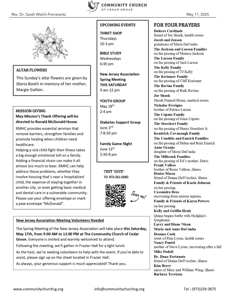 Community Church of Cedar Grove Sunday Bulletin - May 11, 2025