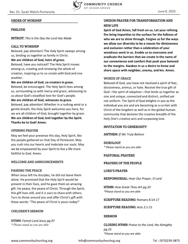 Community Church of Cedar Grove Sunday Bulletin - June 8, 2025