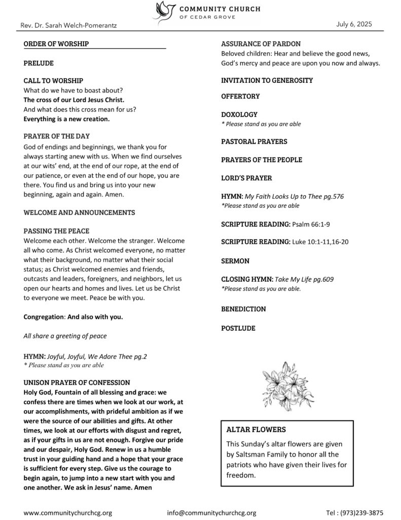 Community Church of Cedar Grove Sunday Bulletin - July 6, 2025
