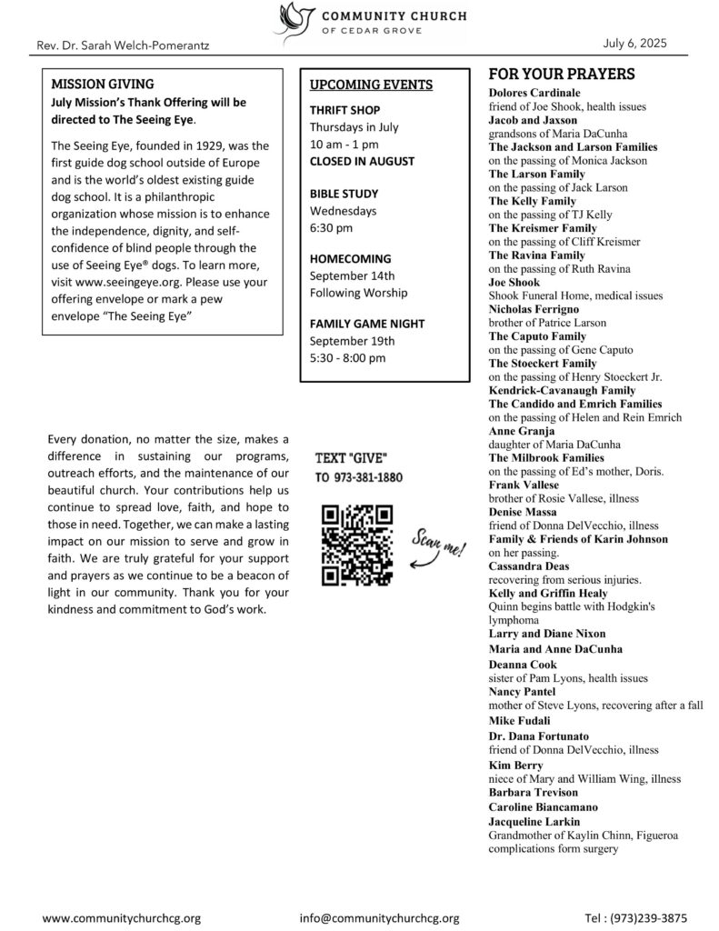 Community Church of Cedar Grove Sunday Bulletin - July 6, 2025