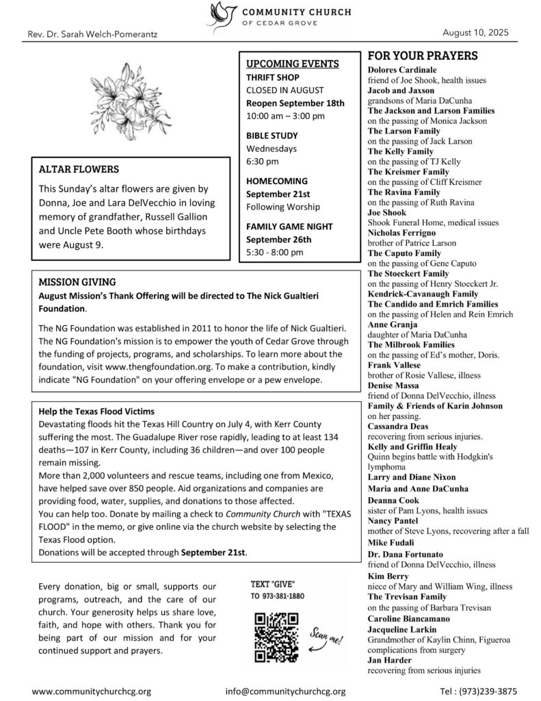 Community Church of Cedar Grove Sunday Bulletin - August 10, 2025