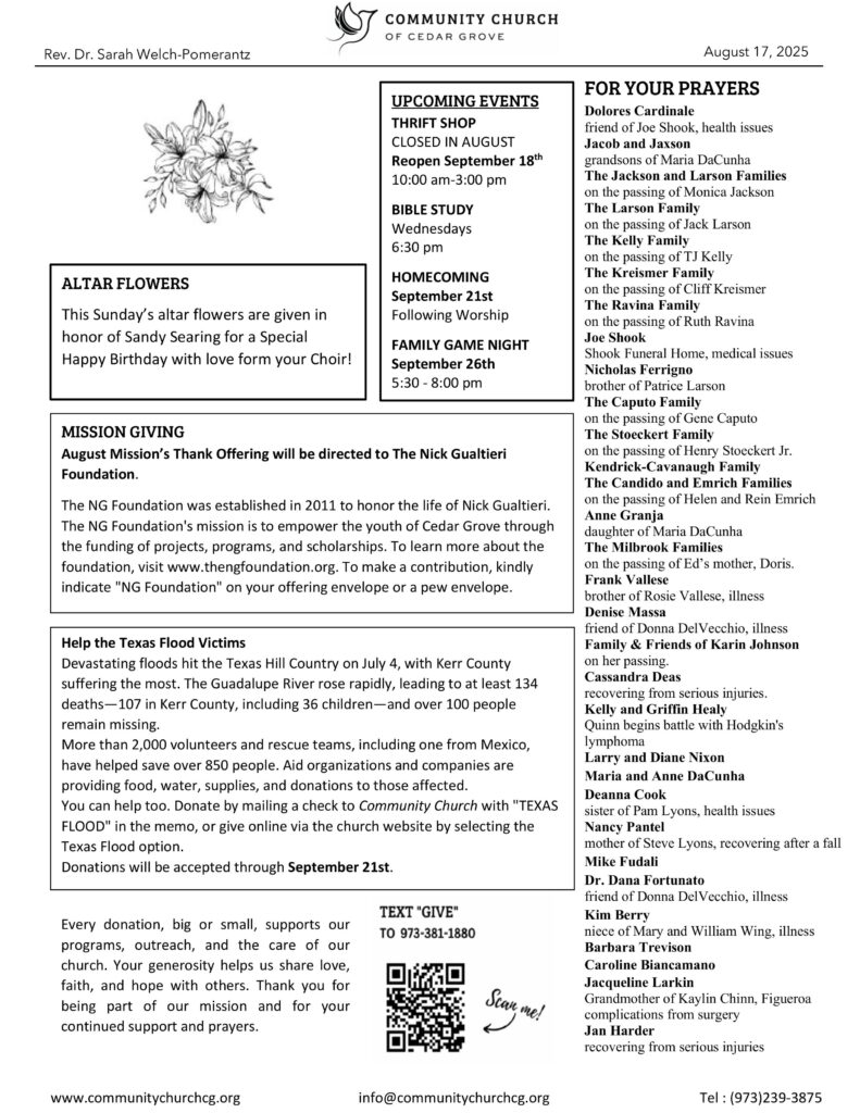 Community Church of Cedar Grove Sunday Bulletin - August 17, 2025