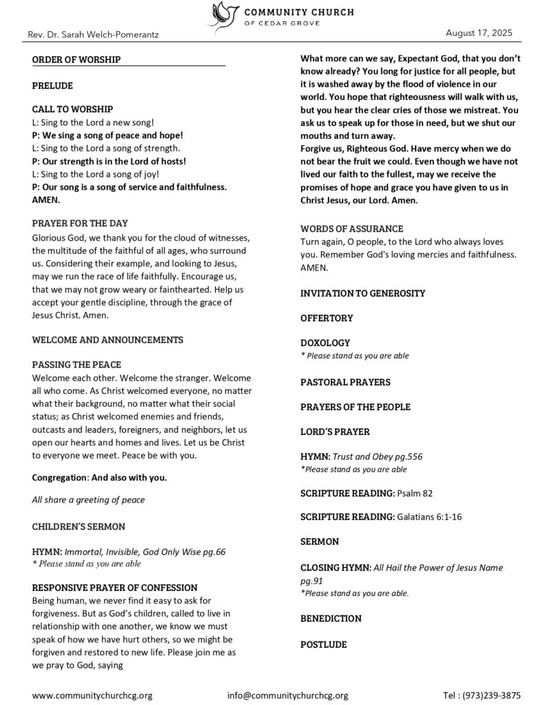 Community Church of Cedar Grove Sunday Bulletin - August 17, 2025