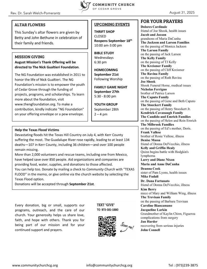 Community Church of Cedar Grove Sunday Bulletin - August 31, 2025