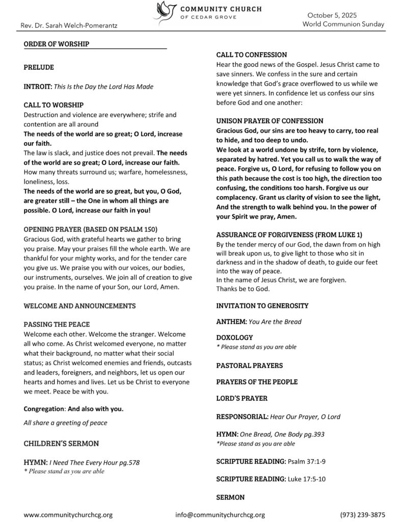 Community Church of Cedar Grove Sunday Bulletin - October 5, 2025 - World Communion Sunday