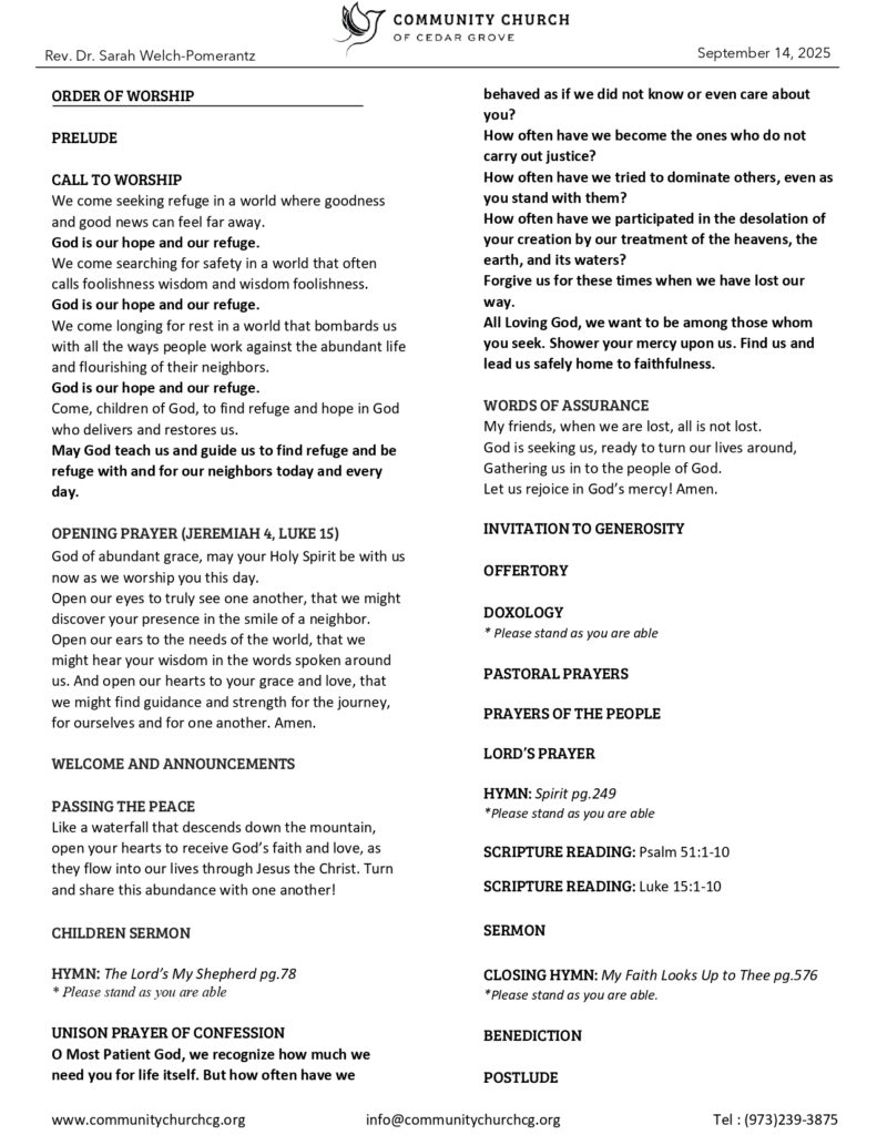 Community Church of Cedar Grove Sunday Bulletin - September 14, 2025