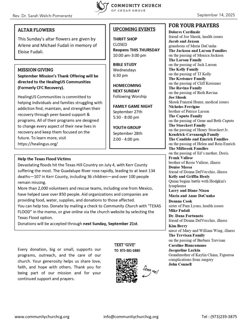 Community Church of Cedar Grove Sunday Bulletin - September 14, 2025