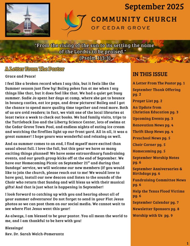 Community Church of Cedar Grove Newsletter September 2025