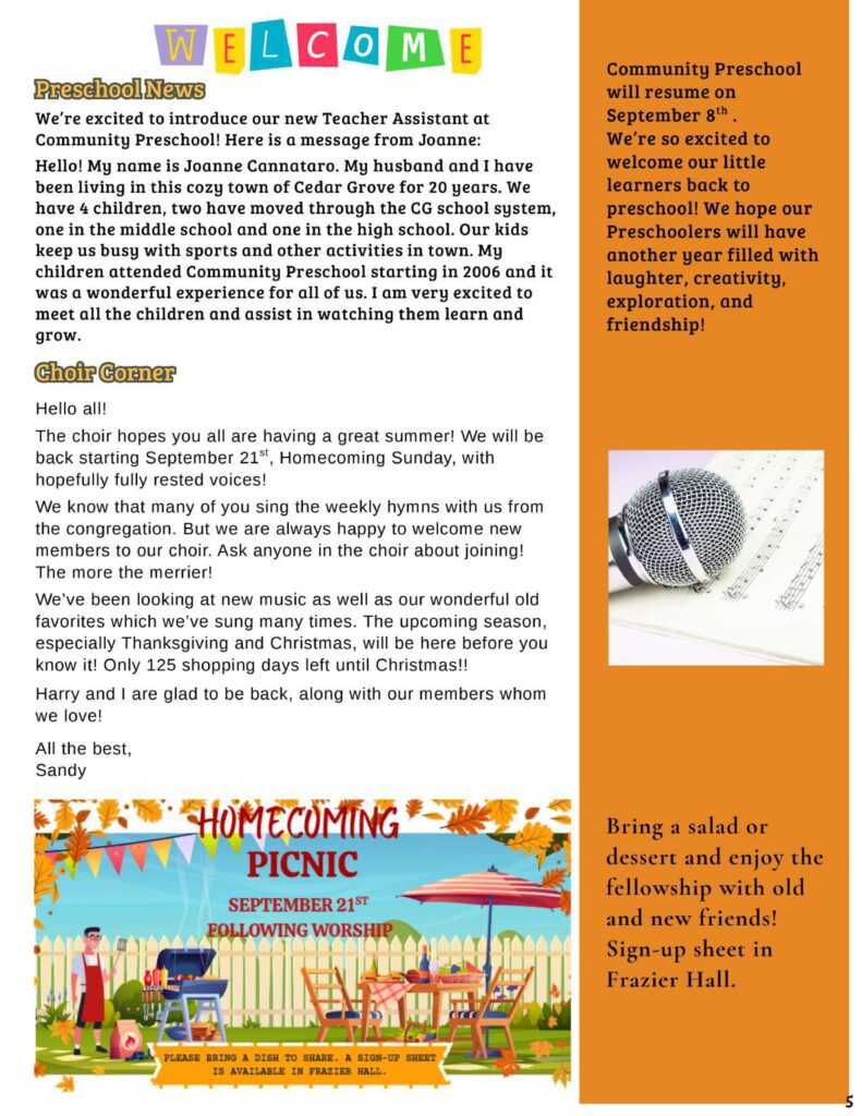 Community Church of Cedar Grove Newsletter September 2025