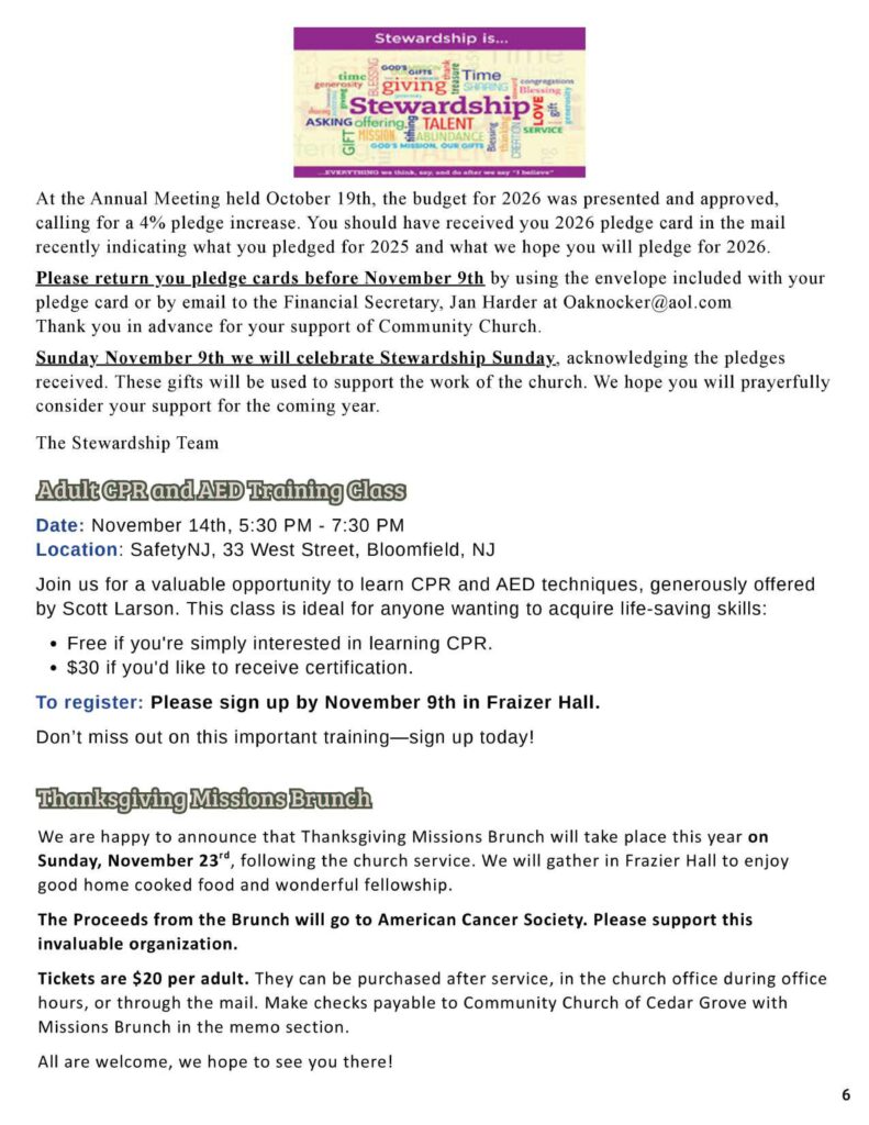 Community Church of Cedar Grove Newsletter November 2025