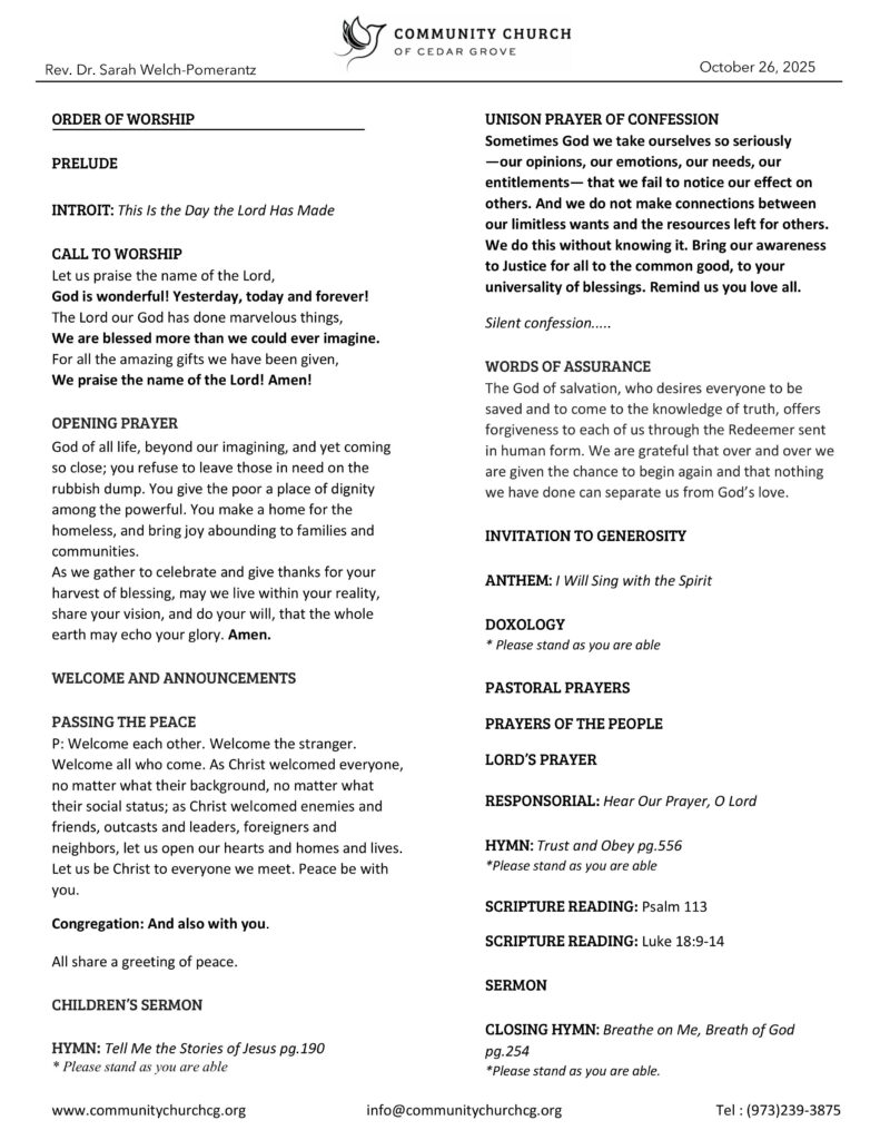 Community Church of Cedar Grove Sunday Bulletin - October 26, 2025