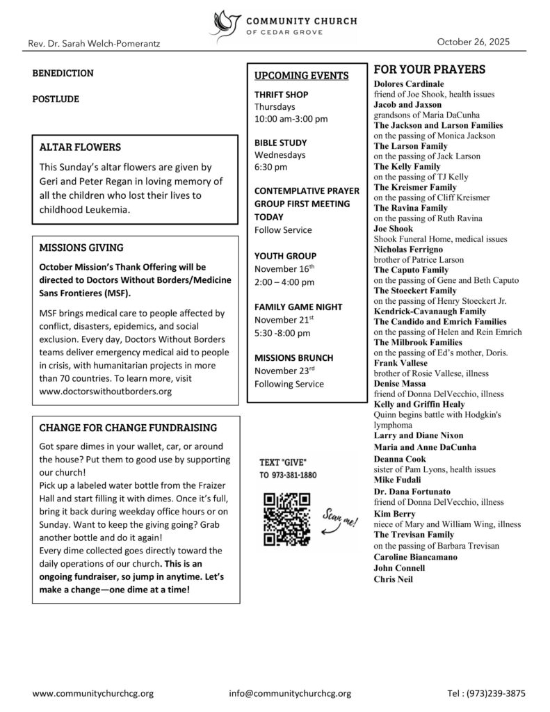 Community Church of Cedar Grove Sunday Bulletin - October 26, 2025