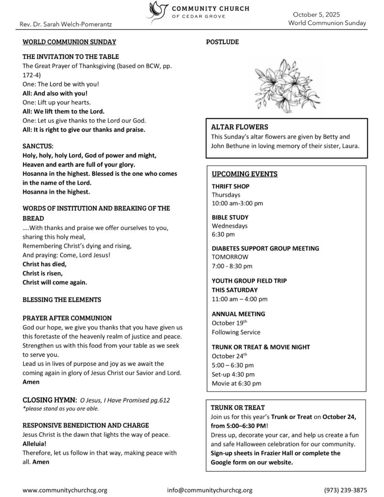 Community Church of Cedar Grove Sunday Bulletin - October 5, 2025 - World Communion Sunday