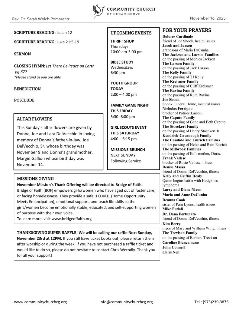 Community Church of Cedar Grove Sunday Bulletin - November 16, 2025