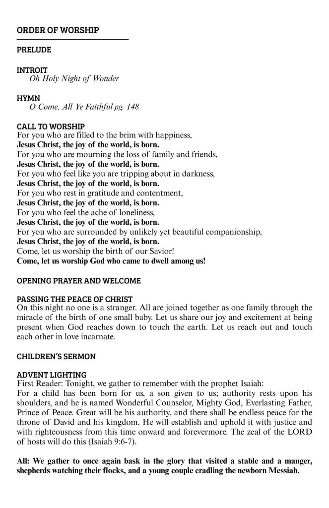 Community Church of Cedar Grove Sunday Bulletin - Christmas Eve, December 24, 2025