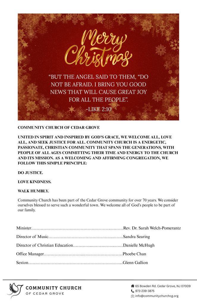 Community Church of Cedar Grove Sunday Bulletin - Christmas Eve, December 24, 2025