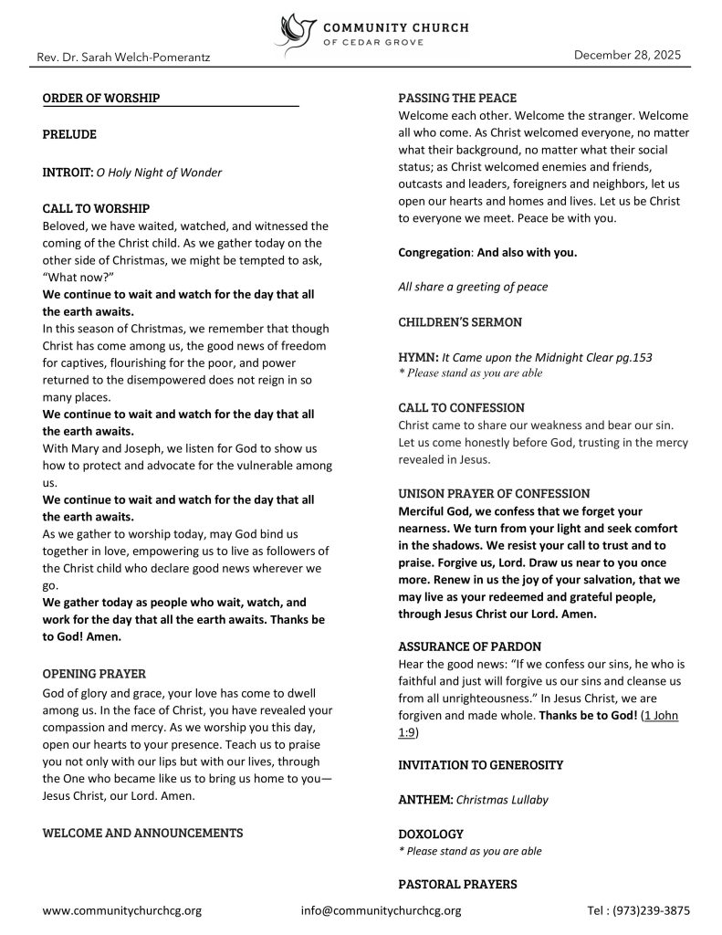 Community Church of Cedar Grove Sunday Bulletin - December 28, 2025