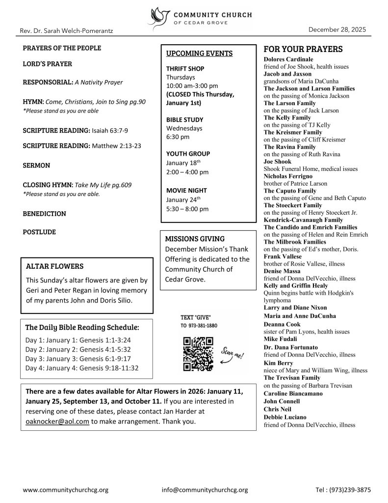 Community Church of Cedar Grove Sunday Bulletin - December 28, 2025