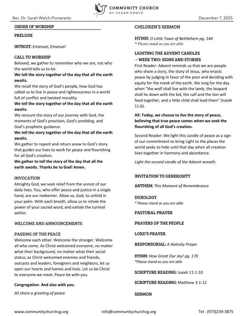 Community Church of Cedar Grove Sunday Bulletin - December 7, 2025