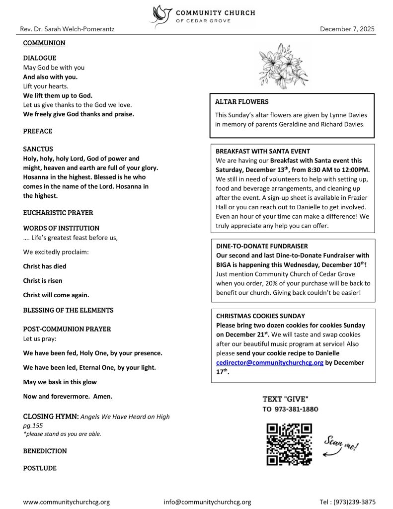 Community Church of Cedar Grove Sunday Bulletin - December 7, 2025