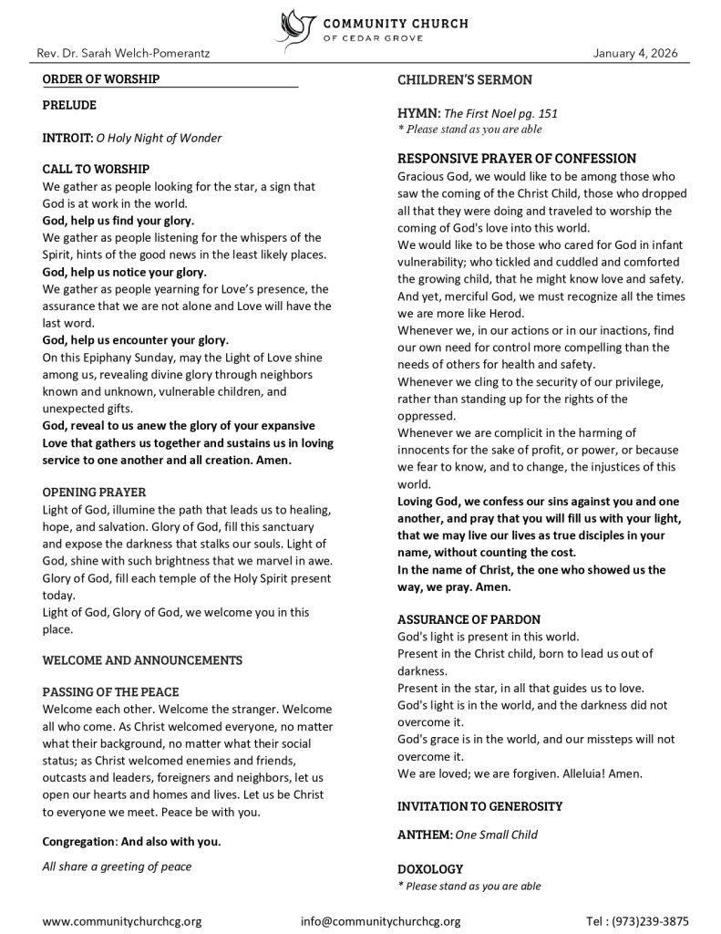 Community Church of Cedar Grove Sunday Bulletin - January 4, 2026