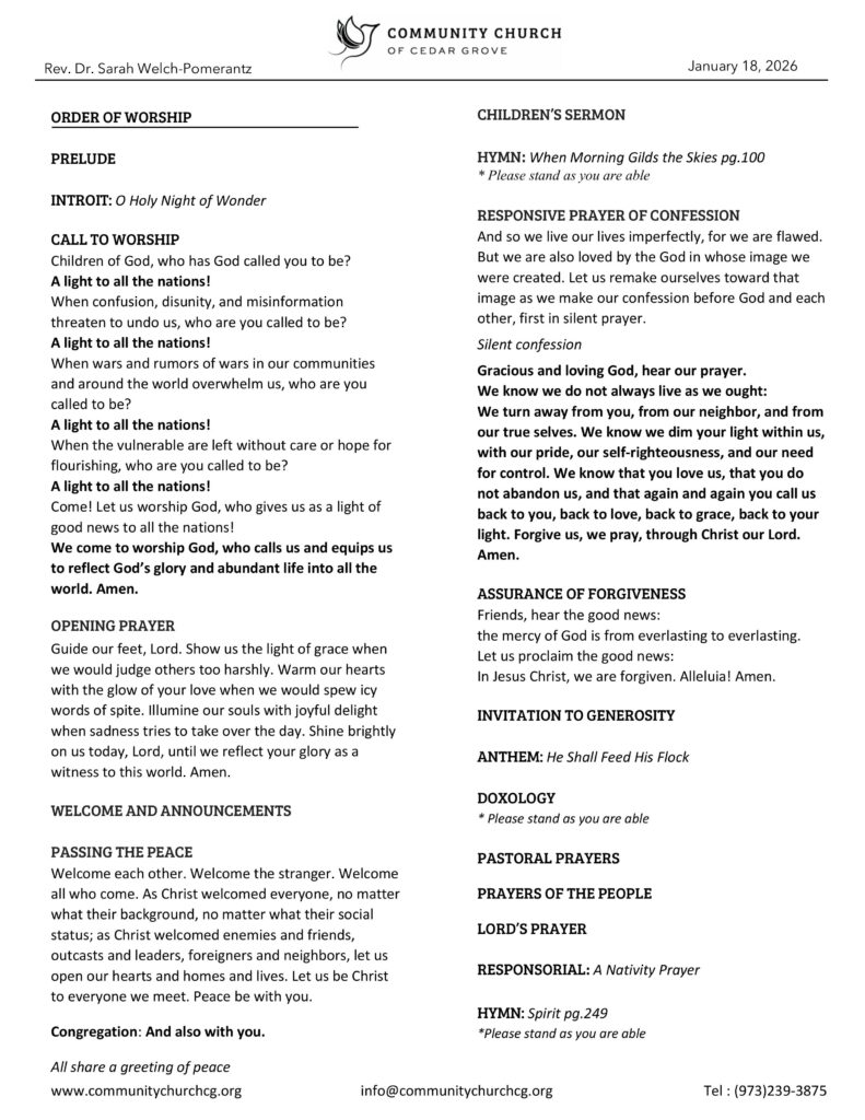 Community Church of Cedar Grove Sunday Bulletin - January 18, 2026