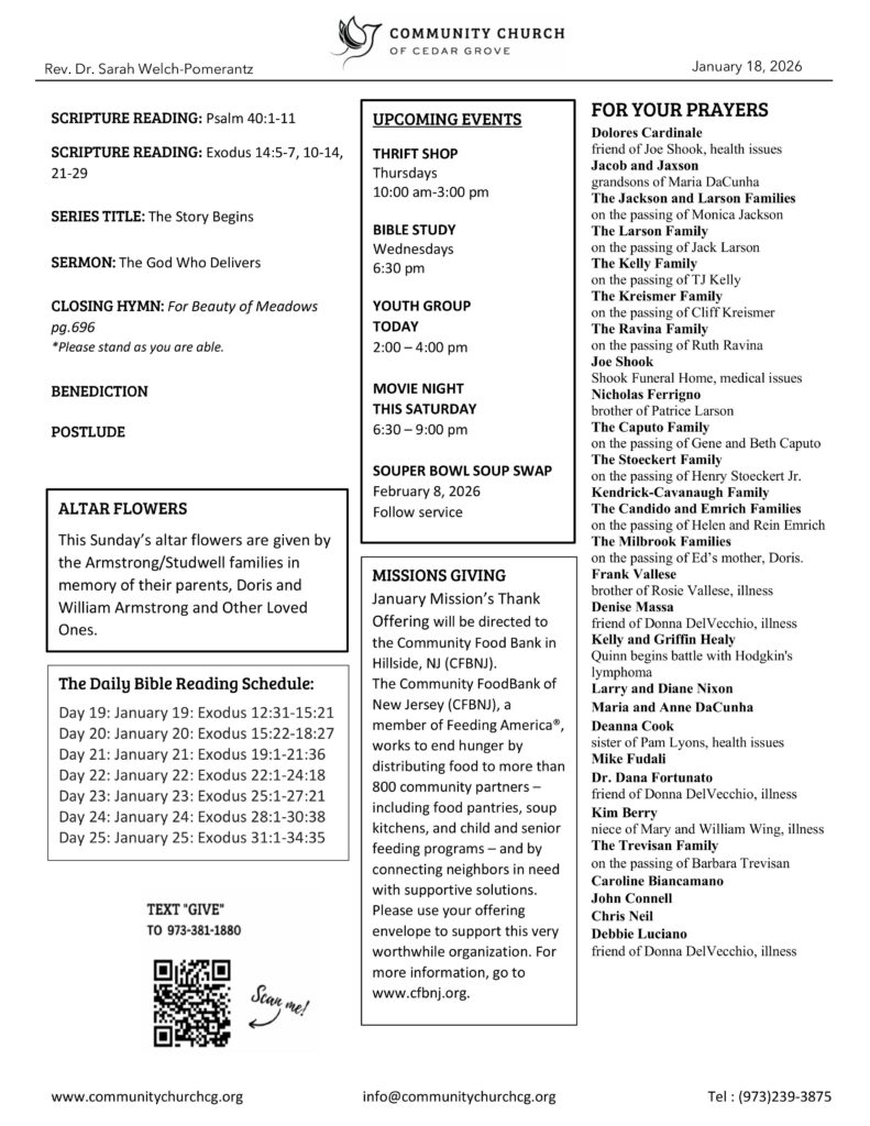 Community Church of Cedar Grove Sunday Bulletin - January 18, 2026