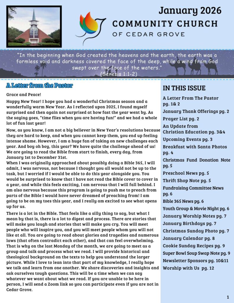 Community Church of Cedar Grove Newsletter January 2026