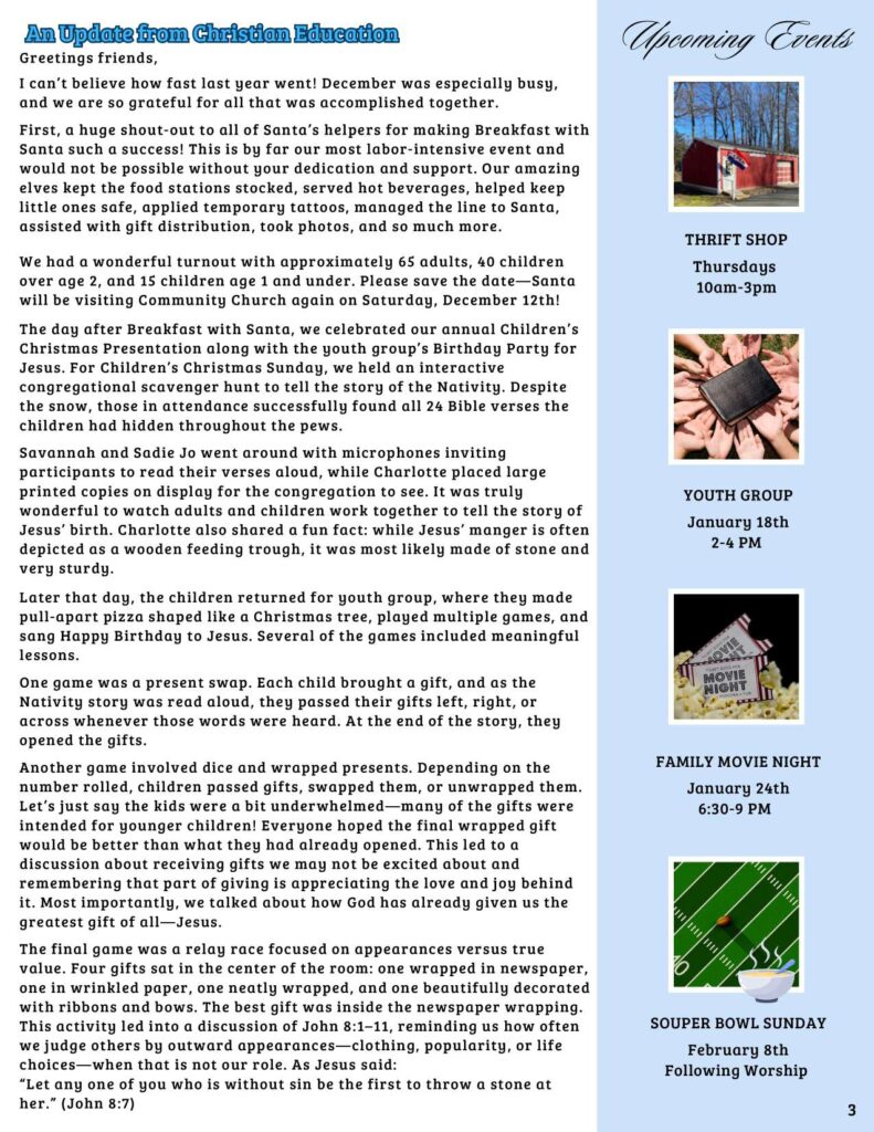 Community Church of Cedar Grove Newsletter January 2026