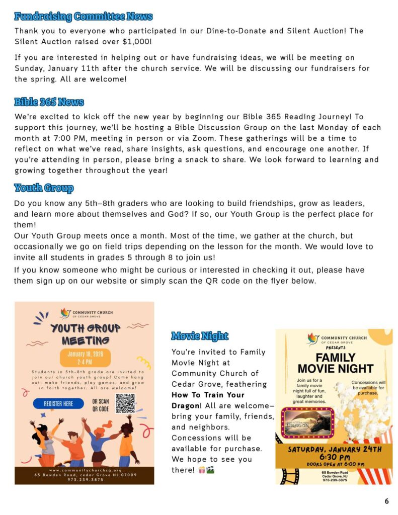 Community Church of Cedar Grove Newsletter January 2026