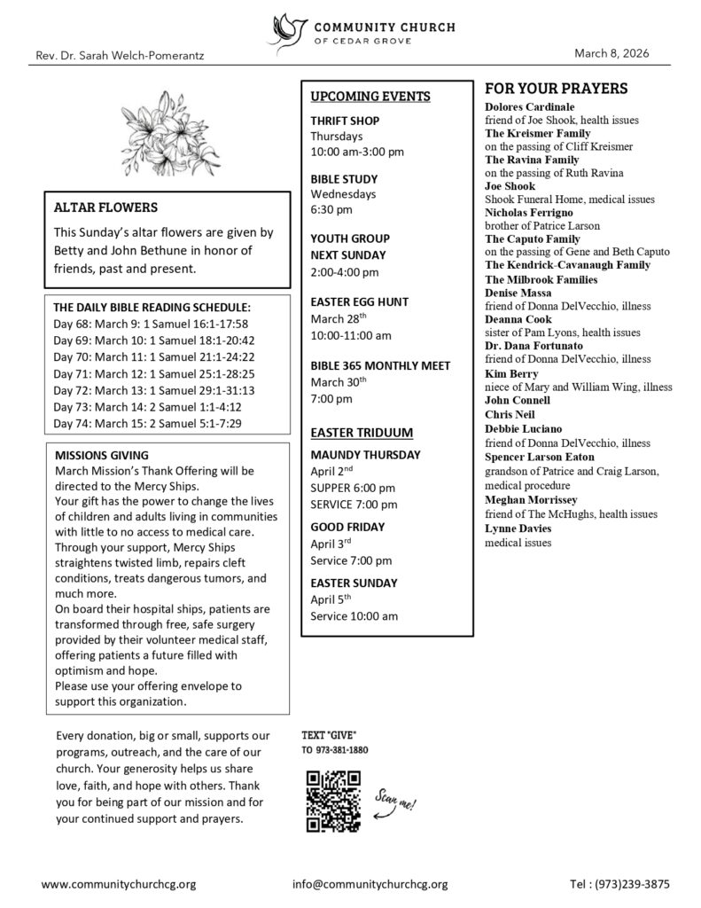 Community Church of Cedar Grove Sunday Bulletin - March 8, 2026